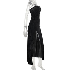 Glitter high slit ruffle tube maxi dress