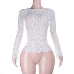 Long sleeve lace crewneck see through top