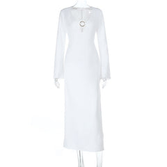 Long sleeve v neck o ring solid maxi dress