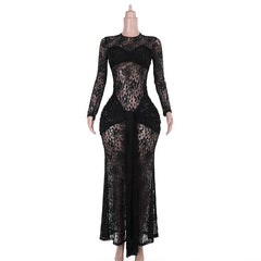 Long sleeve lace ruched crewneck maxi dress
