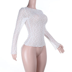 Long sleeve lace crewneck see through top