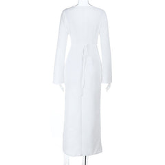 Long sleeve v neck o ring solid maxi dress