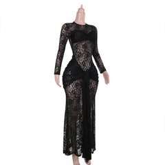 Long sleeve lace ruched crewneck maxi dress