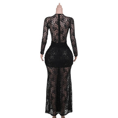 Long sleeve lace ruched crewneck maxi dress