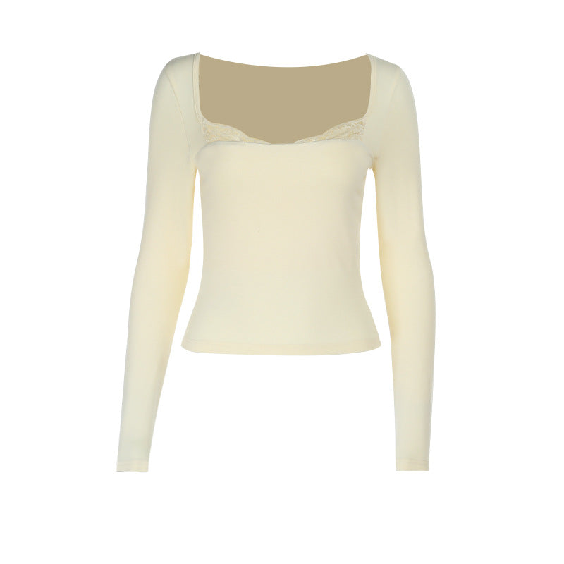 Lace hem long sleeve solid top