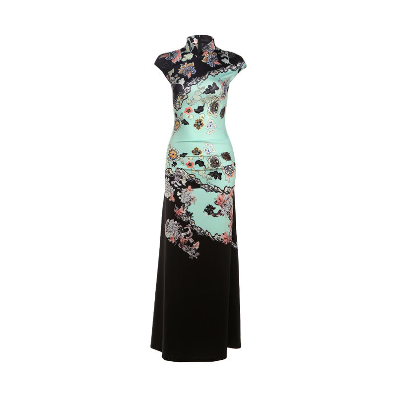 Cap sleeve flower print zip-up maxi dress