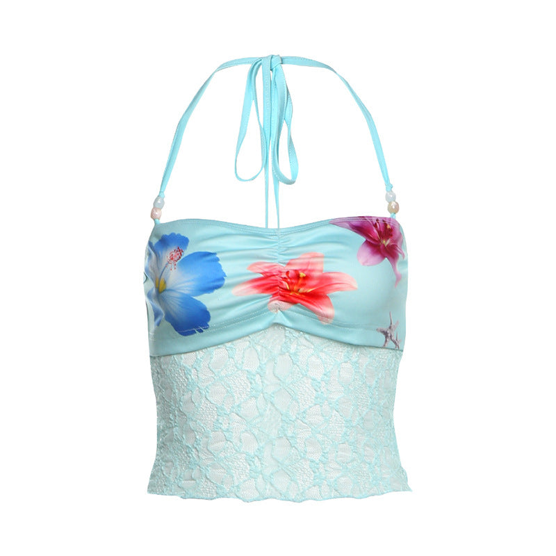 Self tie halter flower print lace ruched top