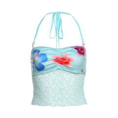 Self tie halter flower print lace ruched top