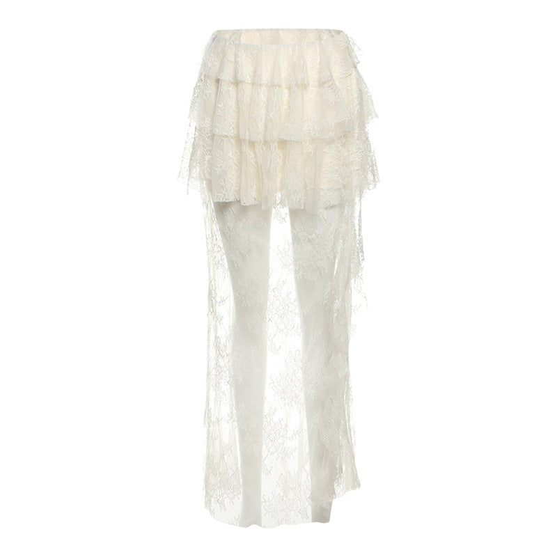 Lace ruffle irregular solid maxi dress