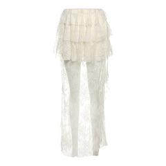 Lace ruffle irregular solid maxi dress
