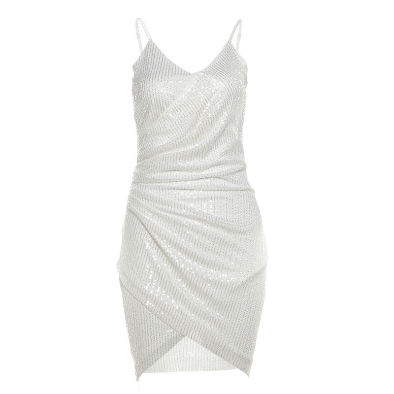 Ruched glitter v neck zip-up cami mini dress