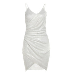 Ruched glitter v neck zip-up cami mini dress