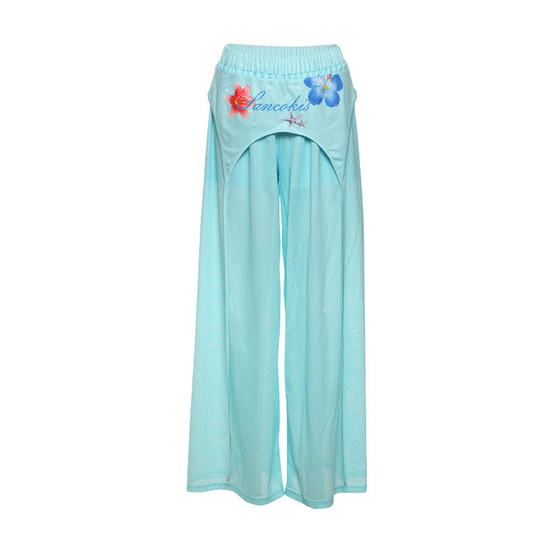 Hollow out flower print medium rise pant