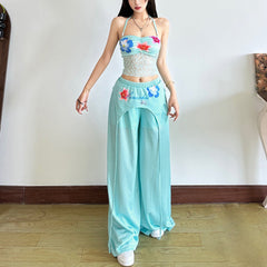 Self tie halter flower print lace ruched top