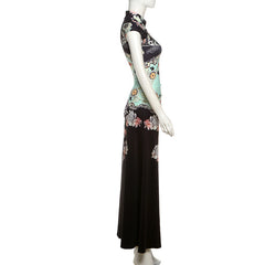 Cap sleeve flower print zip-up maxi dress