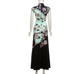 Cap sleeve flower print zip-up maxi dress