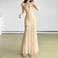 Mesh print ruched self tie lace hem maxi dress