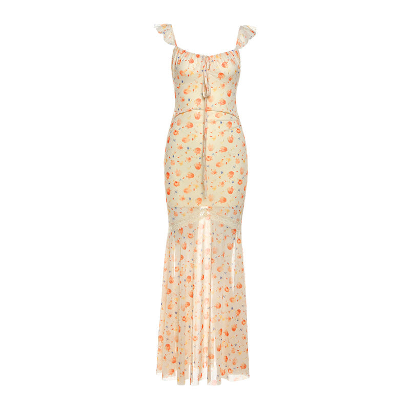 Mesh print ruched self tie lace hem maxi dress