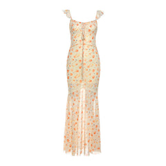 Mesh print ruched self tie lace hem maxi dress