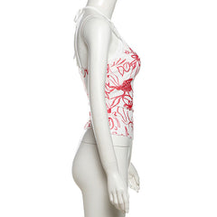 Self tie halter print mesh lace hem 2 piece top