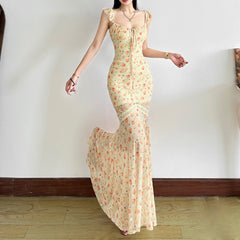 Mesh print ruched self tie lace hem maxi dress