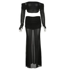 Long sleeve gloves ruched off shoulder maxi skirt set