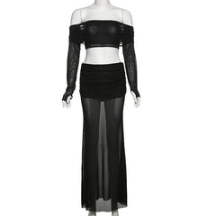 Long sleeve gloves ruched off shoulder maxi skirt set