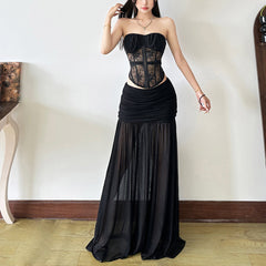 Lace corset button backless tube top