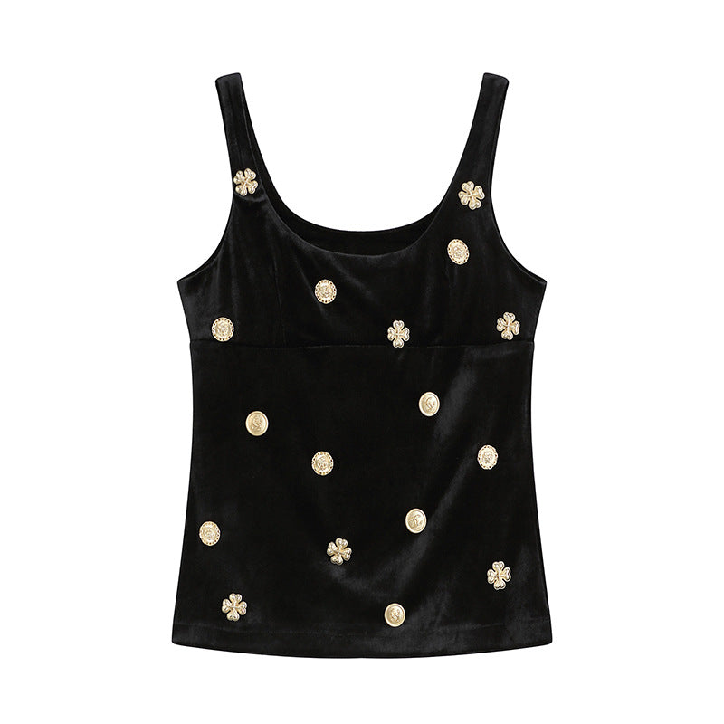 U neck velvet metal applique tank top
