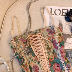 Lace up smocked lace hem flower pattern cami top