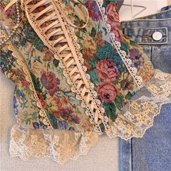 Lace up smocked lace hem flower pattern cami top