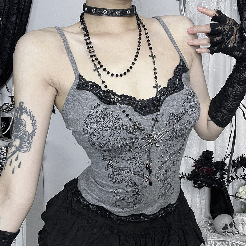 Lace hem beaded butterfly print cami top