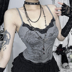 Lace hem beaded butterfly print cami top
