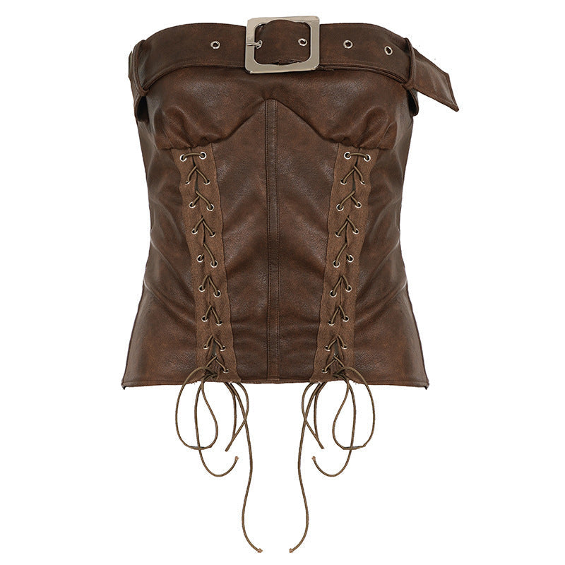 PU leather lace up buckle tube top