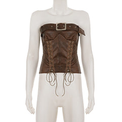 PU leather lace up buckle tube top