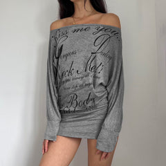 Off shoulder long sleeve letter print ruched mini dress