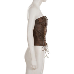 PU leather lace up buckle tube top