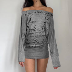 Off shoulder long sleeve letter print ruched mini dress