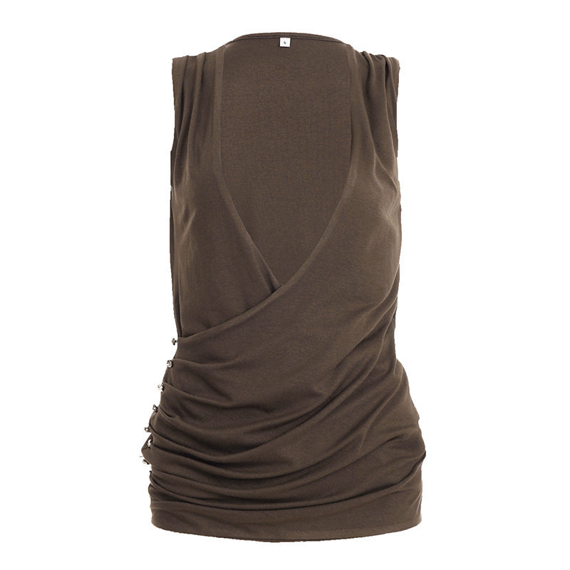 V neck sleeveless ruched solid top