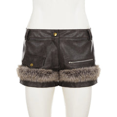 PU leather fluffy zip-up short pant