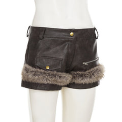 PU leather fluffy zip-up short pant