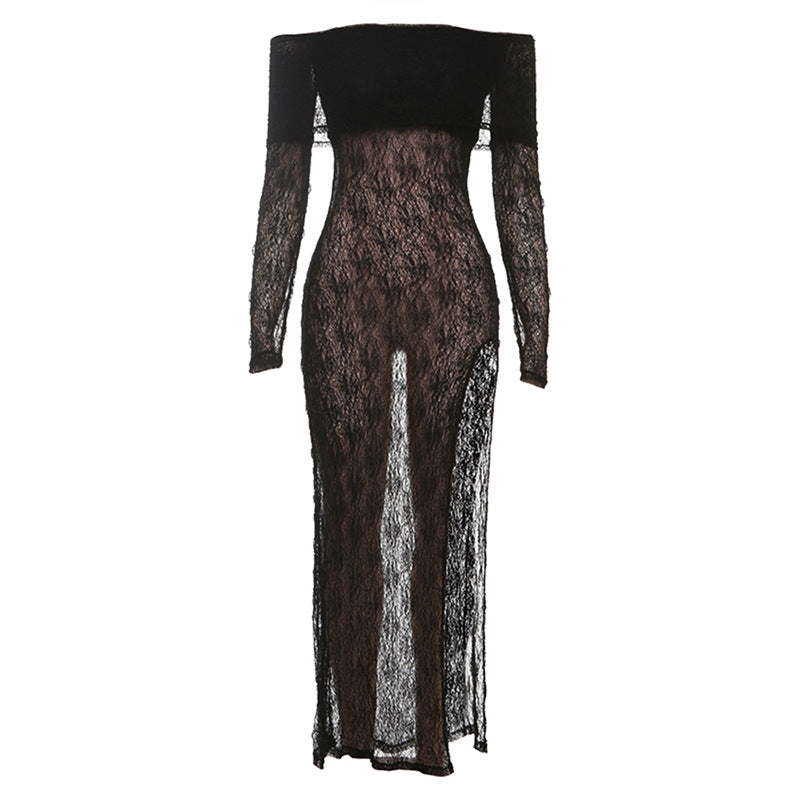 Long sleeve slit off shoulder lace maxi dress