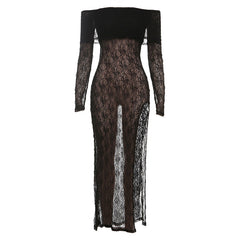 Long sleeve slit off shoulder lace maxi dress