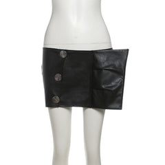 Button PU leather pleated solid mini skirt