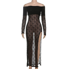 Long sleeve slit off shoulder lace maxi dress