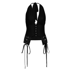 Halter self tie v neck backless solid top