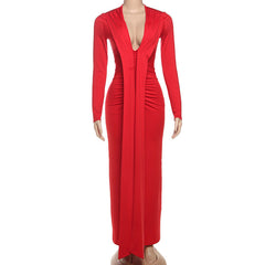V neck long sleeve ruched solid maxi dress