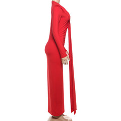 V neck long sleeve ruched solid maxi dress