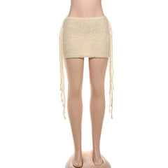 Fluffy tassels knitted solid skirt set