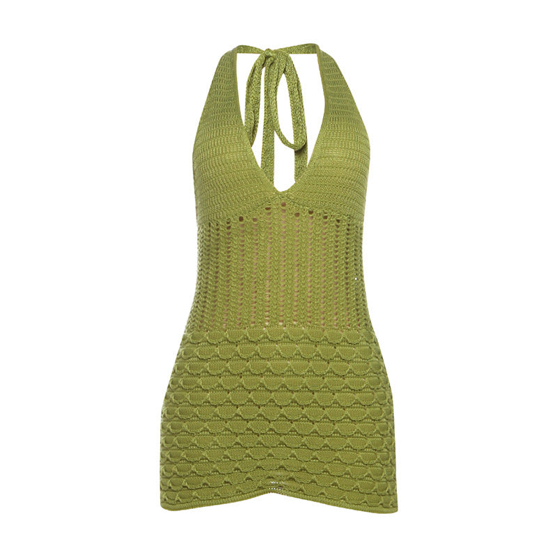 Hollow out self tie halter v neck knitted cut out mini dress